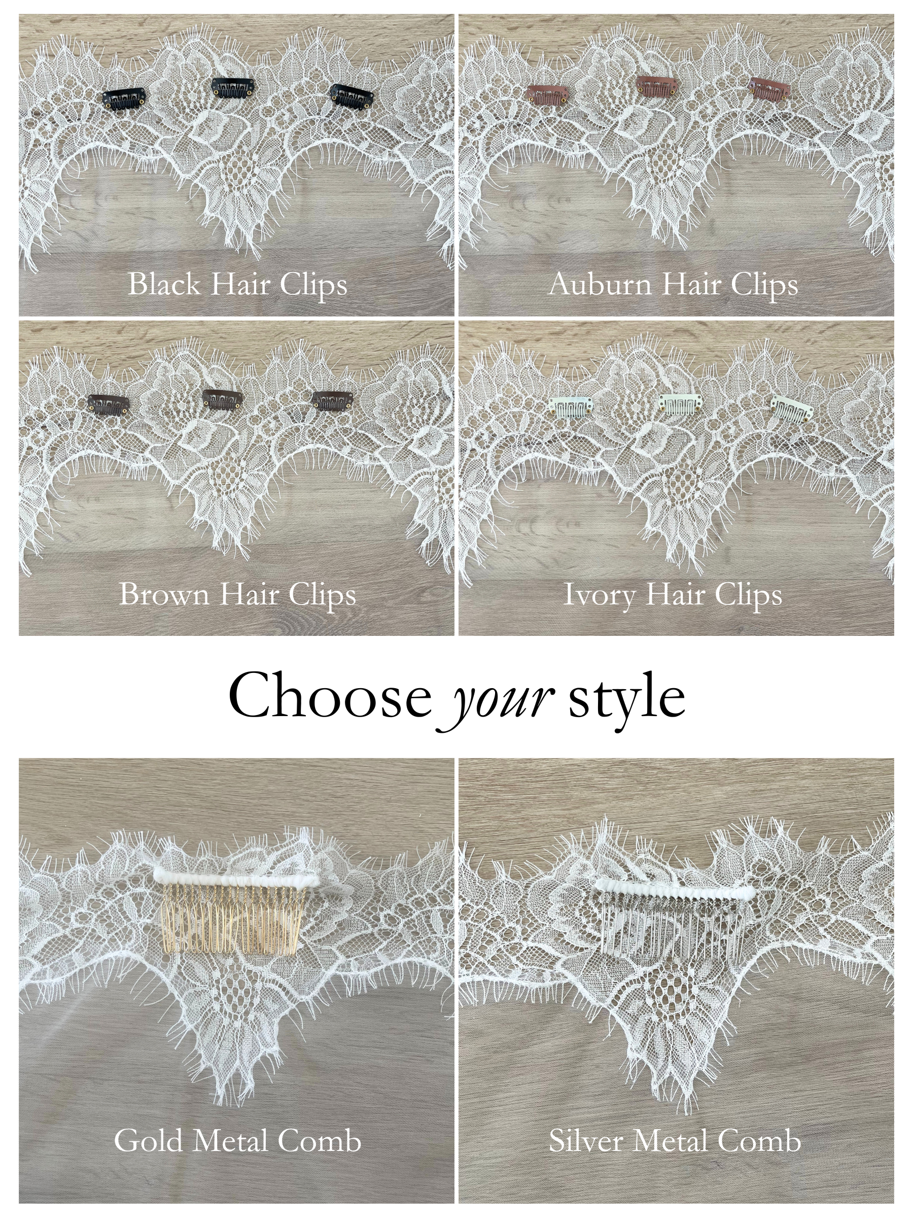 Harriett Falvey collage of lace hair accessories with different hair clip and comb options on a wooden background.
