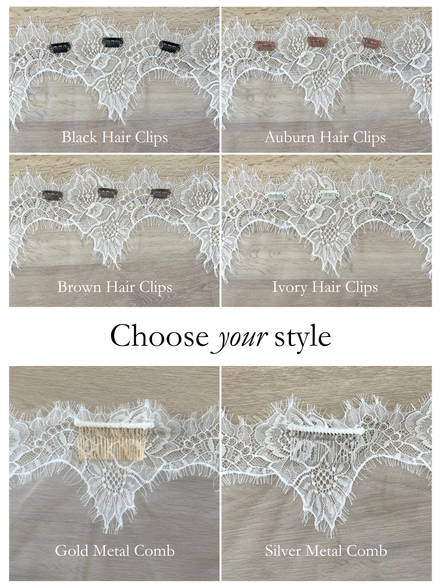 Harriett Falvey collage of lace hair accessories with different hair clip and comb options on a wooden background.