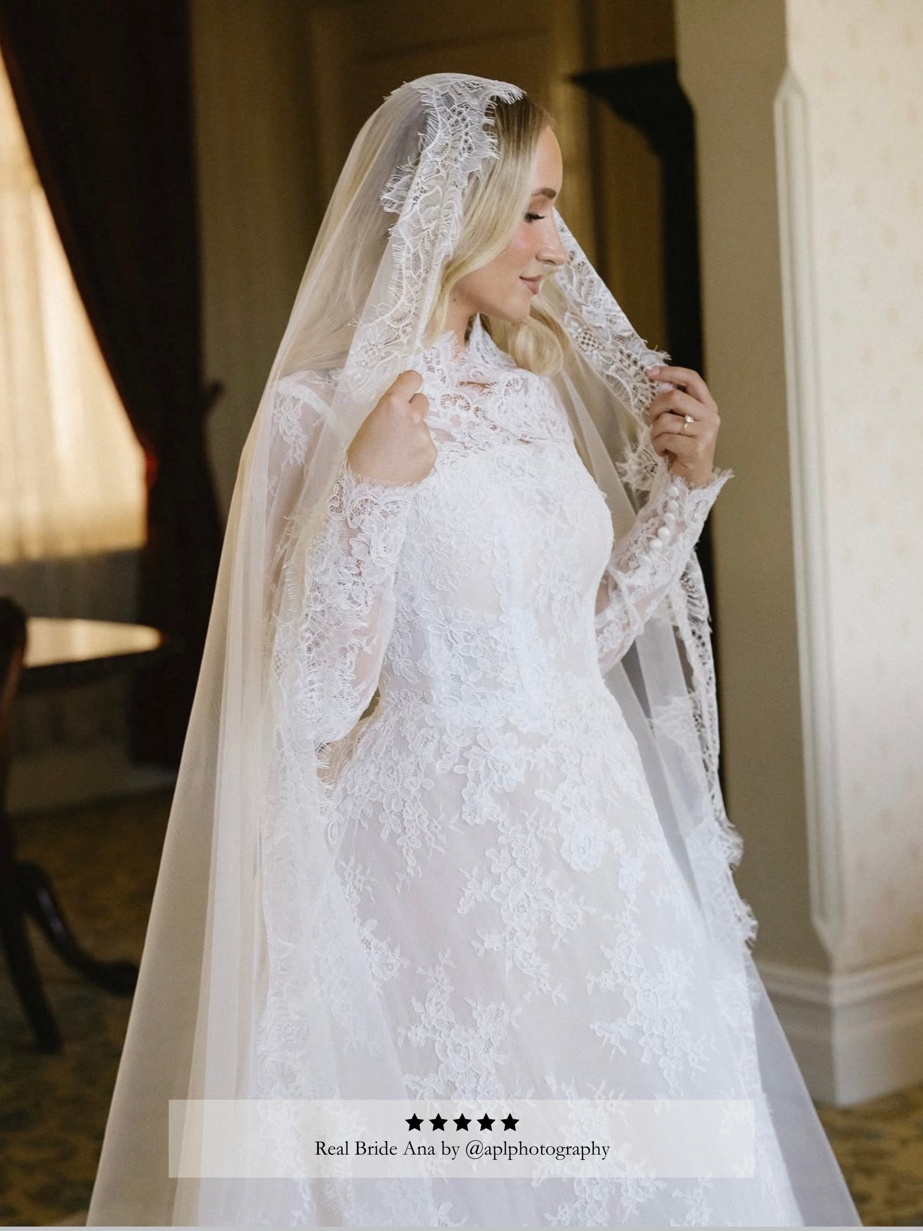 Bride wearing a ivory lace wedding dress and a Chantilly lace mantilla veil by Harriett Falvey