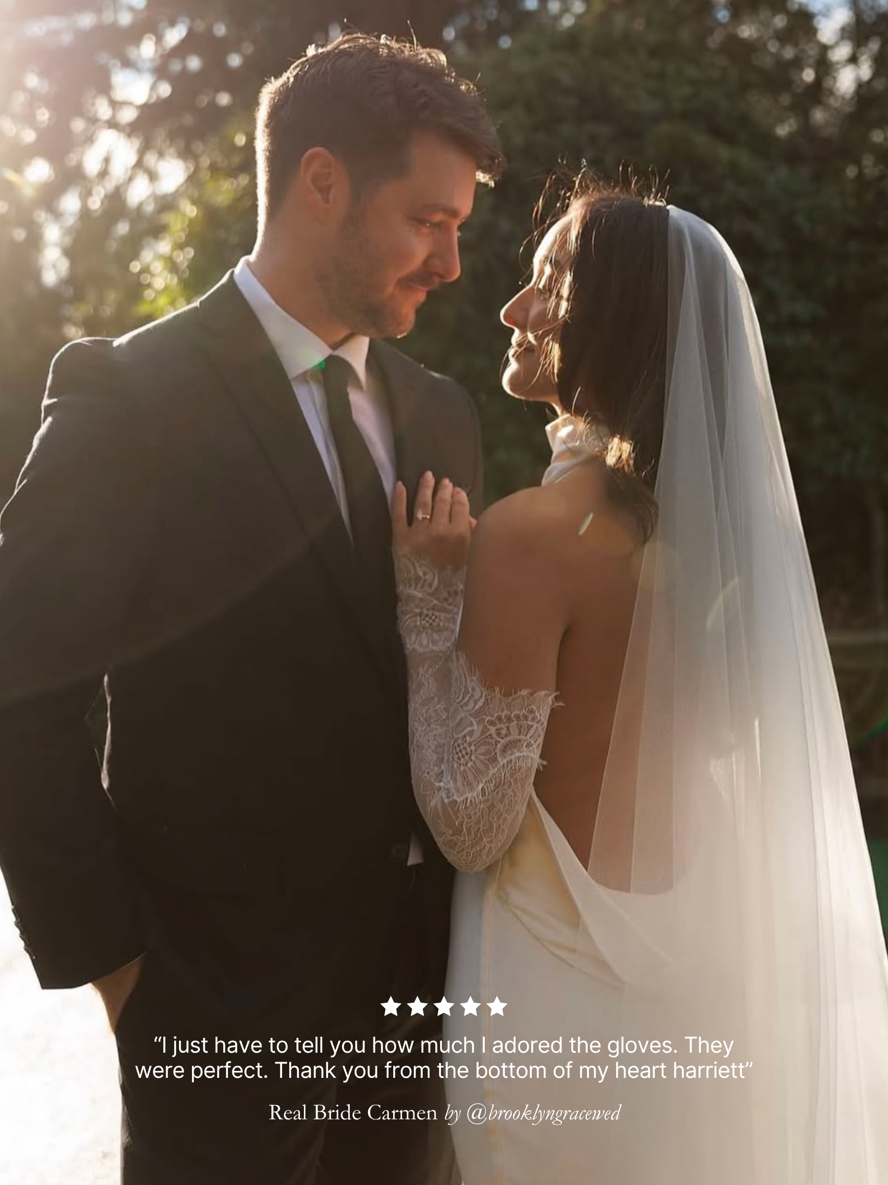 Real bride wearing Harriett Falvey double edged lace gloves and a wedding ring. With five star review overlay