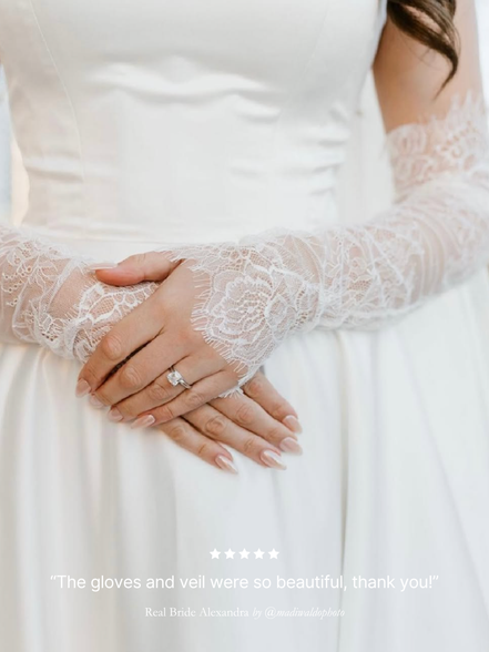Close-up of a real bride wearing Harriett Falvey double edged lace gloves and a wedding ring, with a white background. With five star review overlay