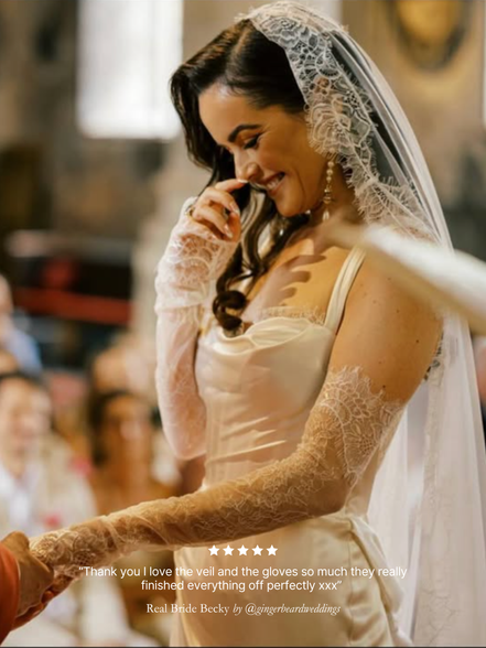 Bride wearing a Harriett Falvey classic chantilly lace mantilla veil and double edged lace gloves with a blurred background. And a five star review overlay.