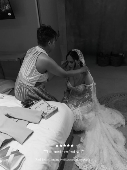 Black and white photo of mother adjusting real brides extra wide chantilly lace mantilla veil in a room. With five star review overlay