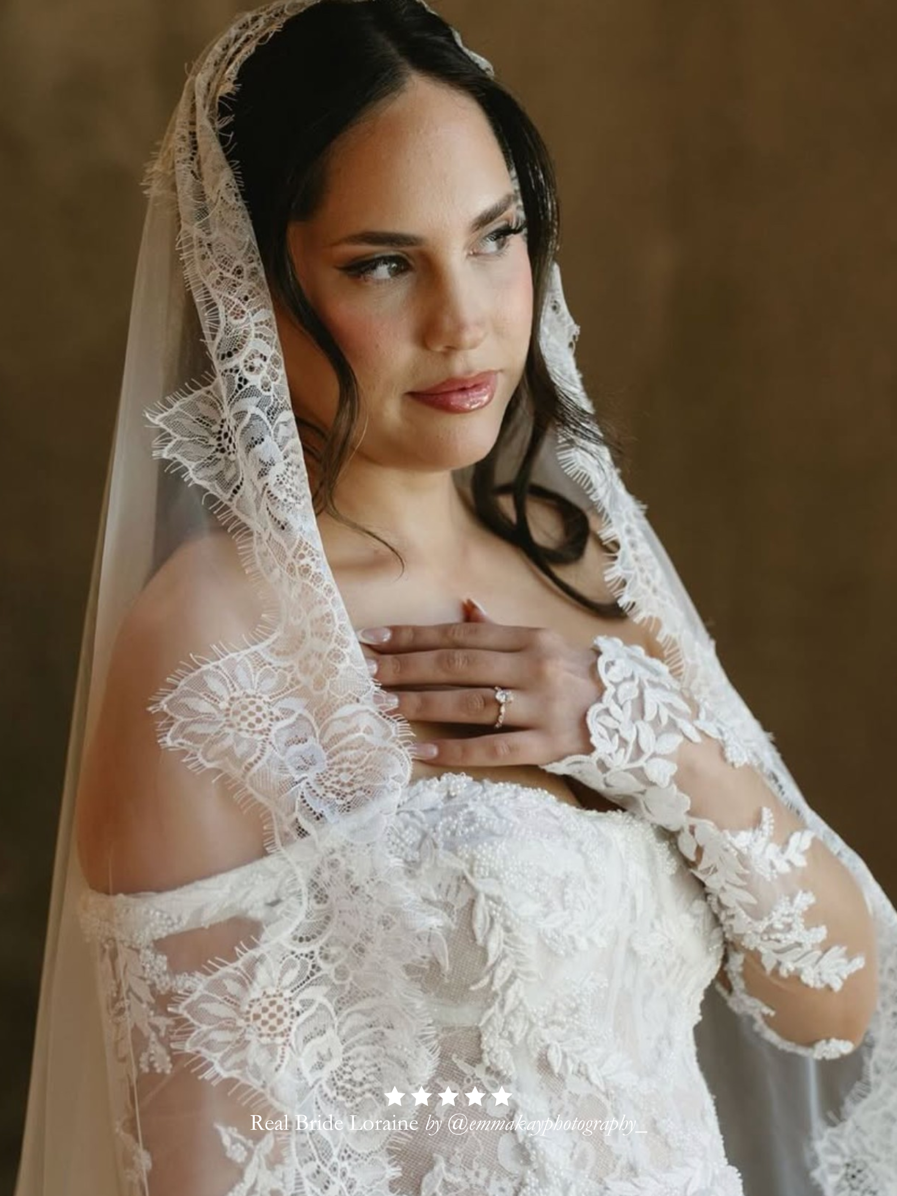Real bride wearing her wedding attire with her Harriett Falvey extra wide chantilly like mantilla veil. With a five star overlay.