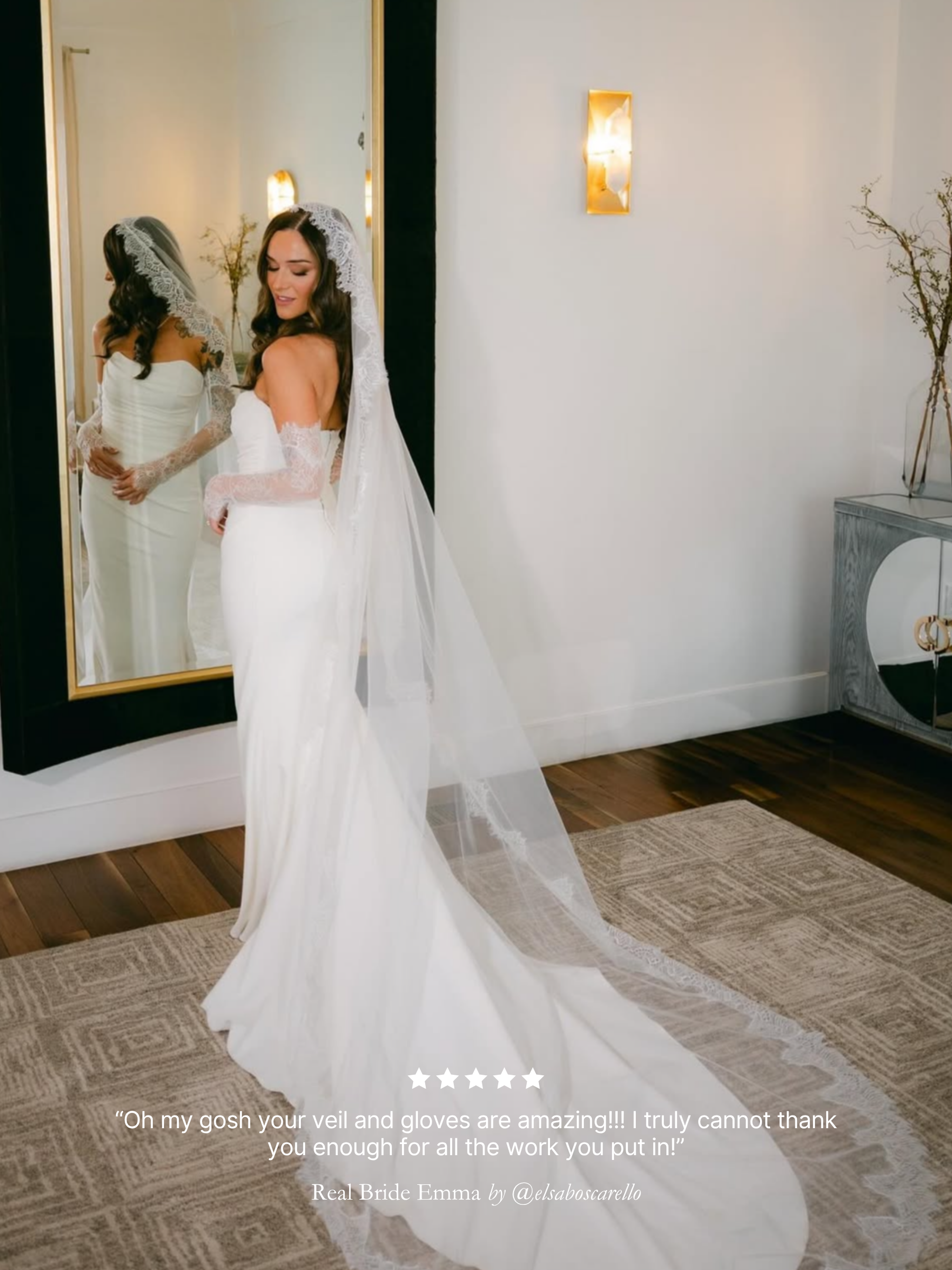 Real bride wearing her Chantilly lace mantilla veil in front of a mirror with a five-star rating text review overlay.