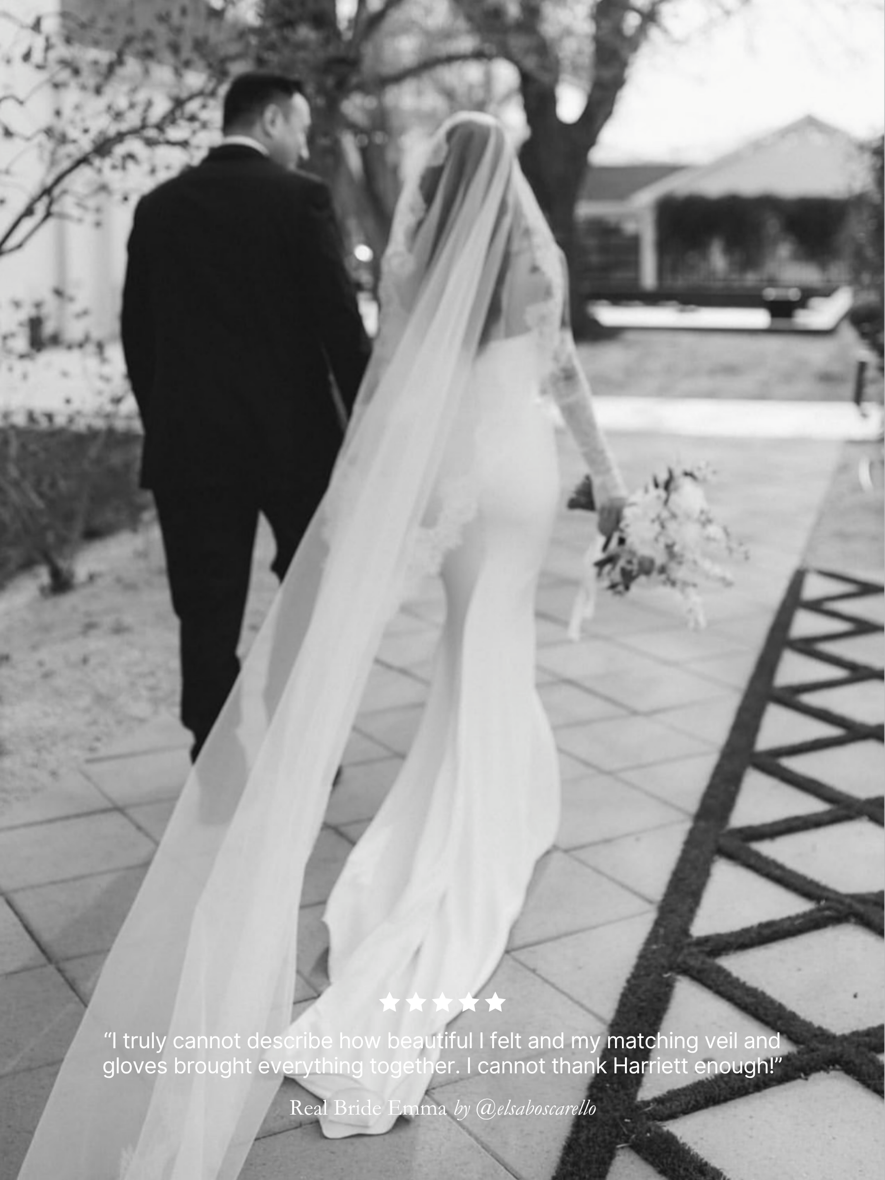 Black and white image of a real bride wearing her Chantilly lace mantilla veil with a five-star rating text review overlay.