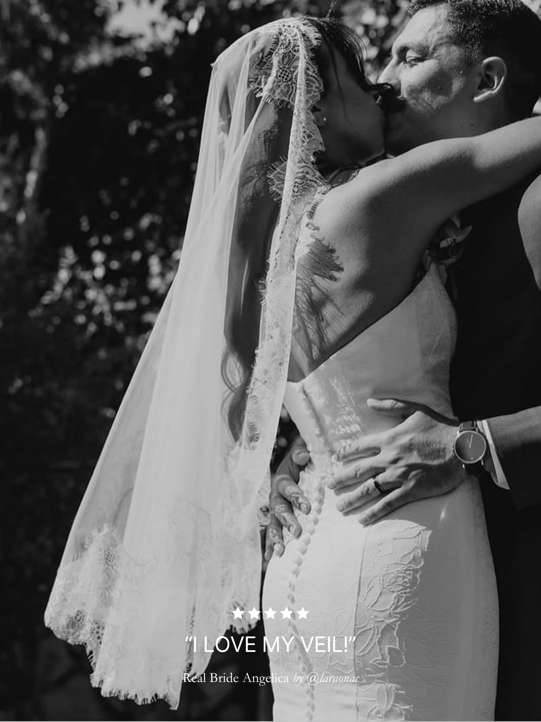 Black and white image of a bride and groom with a custom Harriett Falvey chantilla lace mantilla veil, text 'I Love My Veil' displayed. 