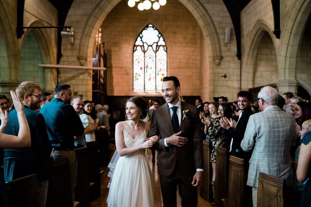 Real Bride Clare wearing her Custom Harriett Falvey Wedding Dress Made in New Zealand