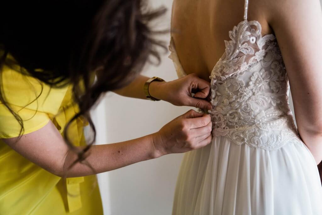 Real Bride Clare wearing her Custom Harriett Falvey Wedding Dress Made in New Zealand