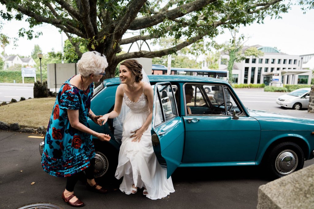 Real Bride Clare wearing her Custom Harriett Falvey Wedding Dress Made in New Zealand