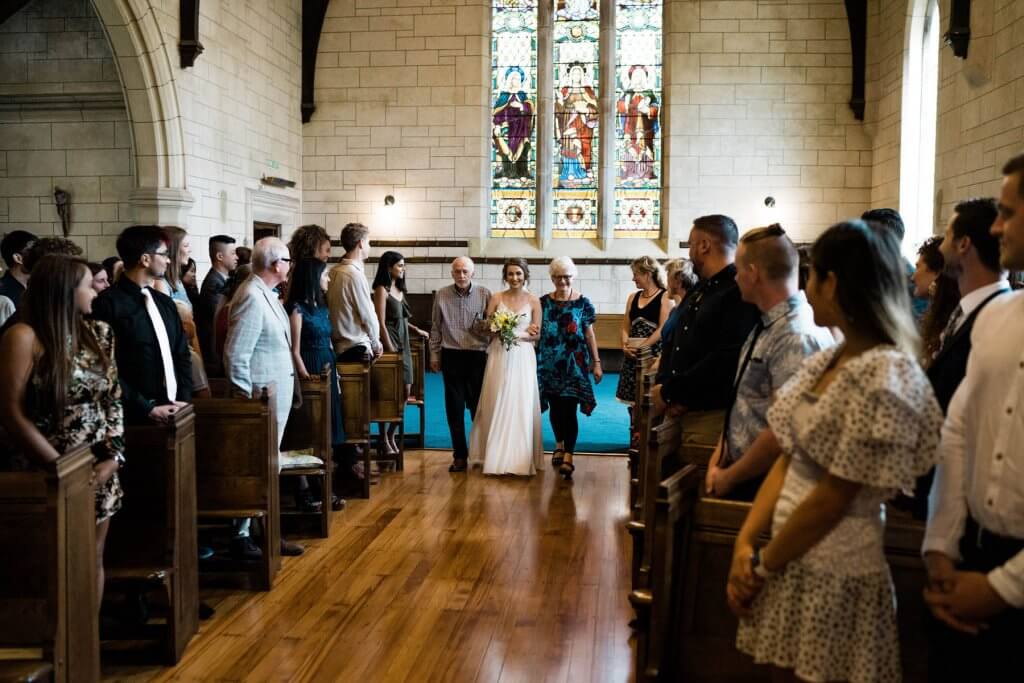 Real Bride Clare wearing her Custom Harriett Falvey Wedding Dress Made in New Zealand