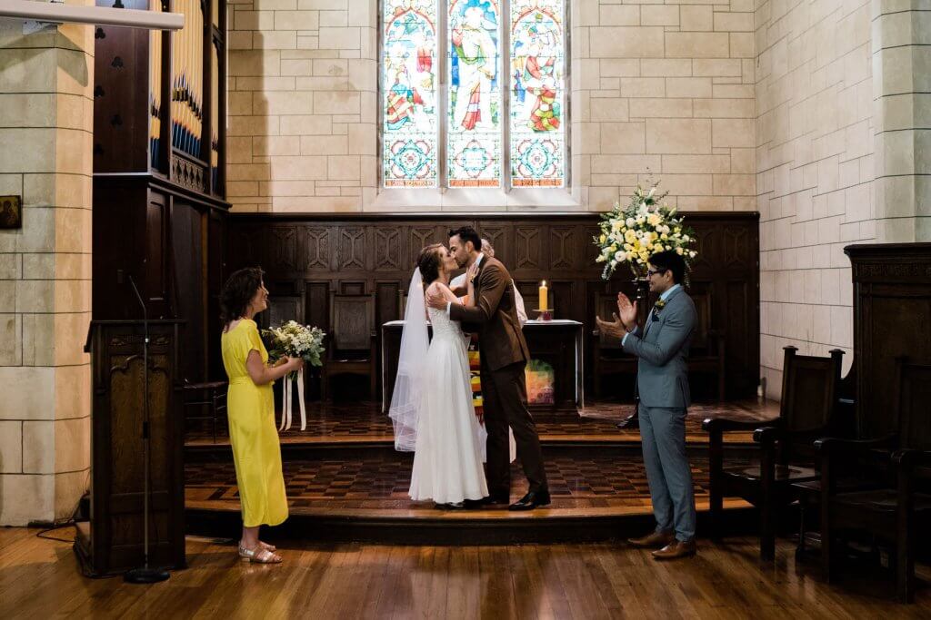 Real Bride Clare wearing her Custom Harriett Falvey Wedding Dress Made in New Zealand