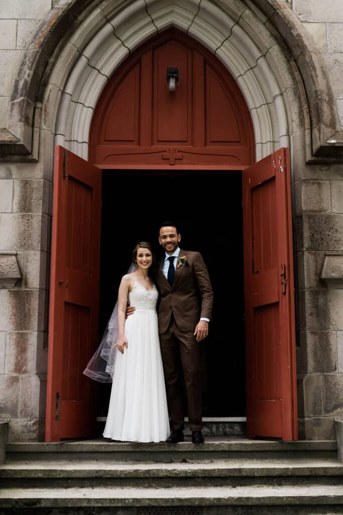 Real Bride Clare wearing her Custom Harriett Falvey Wedding Dress Made in New Zealand