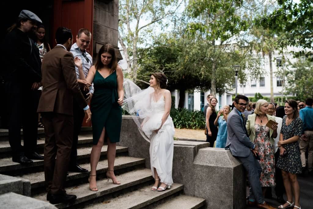 Real Bride Clare wearing her Custom Harriett Falvey Wedding Dress Made in New Zealand