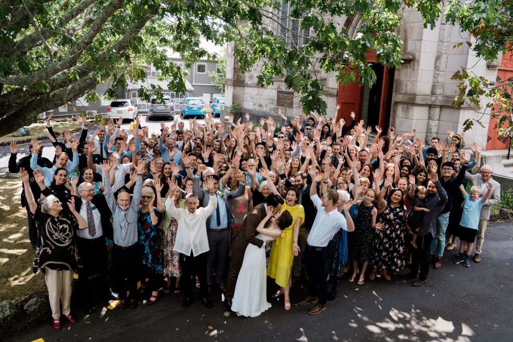 Real Bride Clare wearing her Custom Harriett Falvey Wedding Dress Made in New Zealand