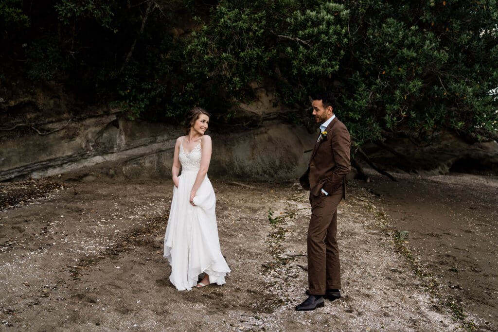 Real Bride Clare wearing her Custom Harriett Falvey Wedding Dress Made in New Zealand