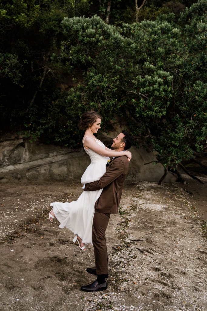 Real Bride Clare wearing her Custom Harriett Falvey Wedding Dress Made in New Zealand