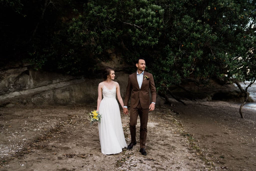 Real Bride Clare wearing her Custom Harriett Falvey Wedding Dress Made in New Zealand