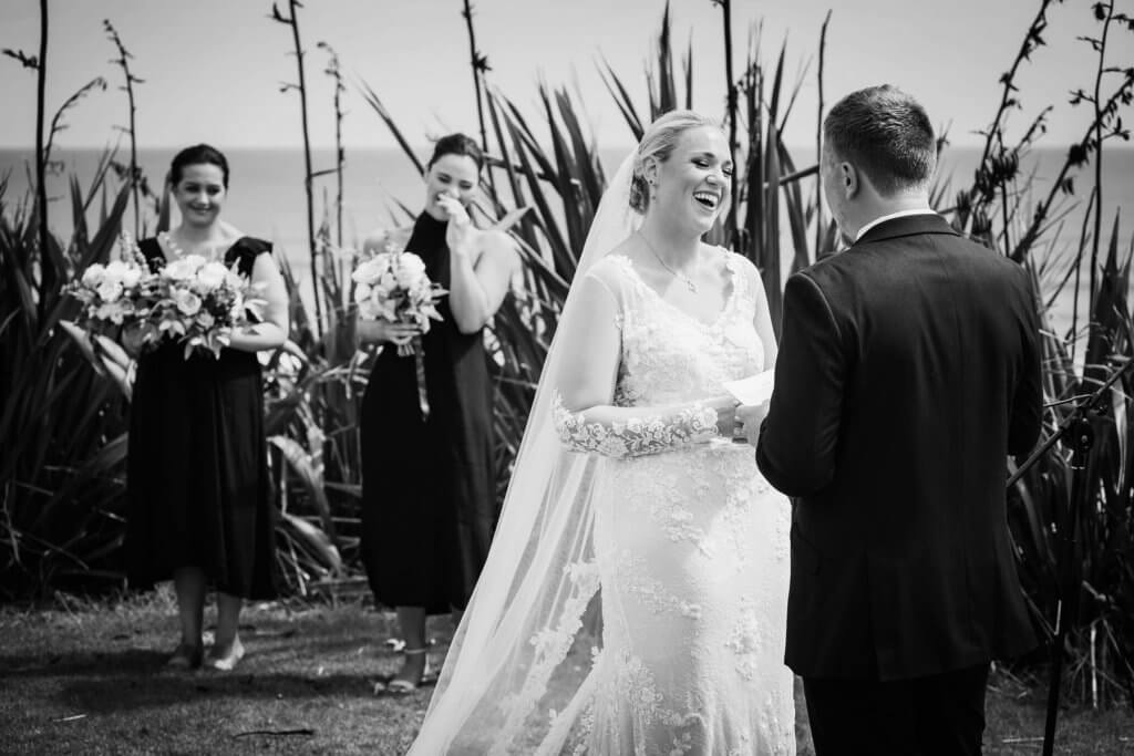 Real Bride Jamielle wearing her Custom Harriett Falvey Wedding Dress and Veil Made in New Zealand