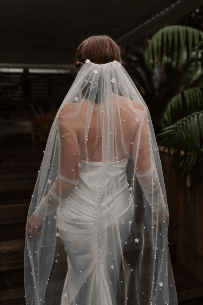 Model Styling Pearl Floral Veil designed by Harriett Falvey, New Zealand Bridal Designer