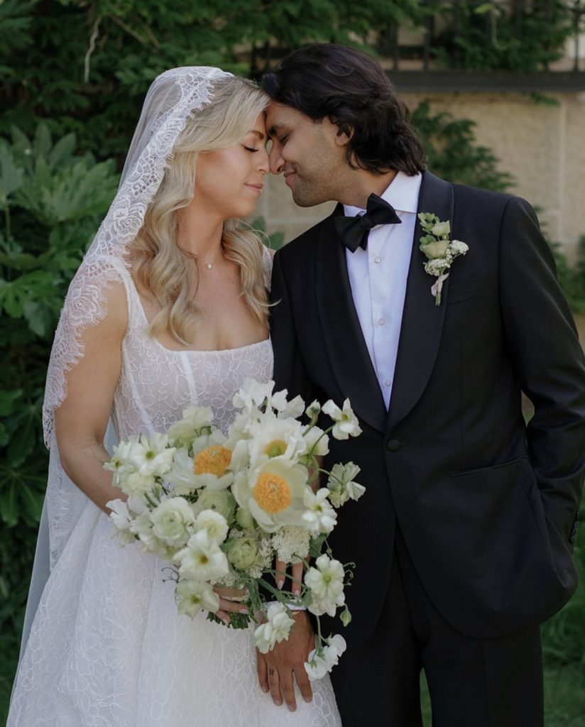 Real Bride Hanna wearing a custom lace edge mantilla veil by Harriett Falvey | Custom Bridal Designer