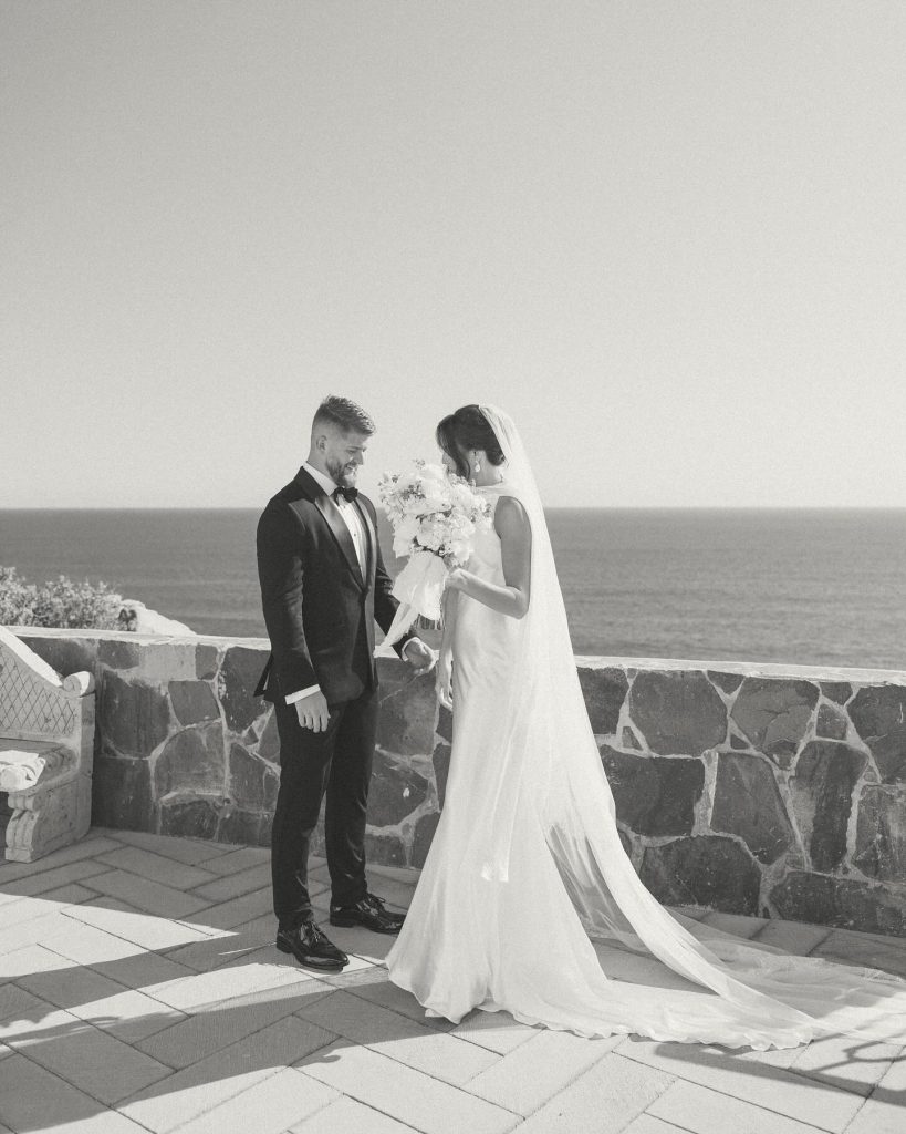 Real Bride Olivia wearing her custom Harriett Falvey Lace edged blusher veil to her wedding in Mexico