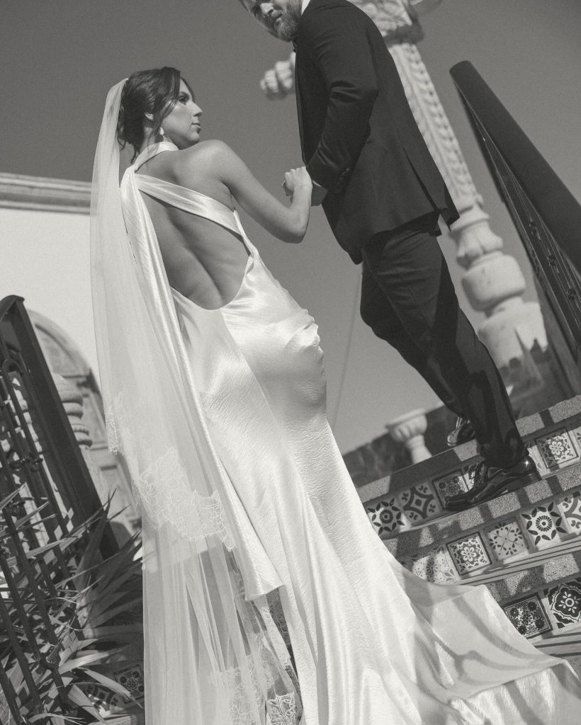 Real Bride Olivia wearing her custom Harriett Falvey Lace edged blusher veil to her wedding in Mexico