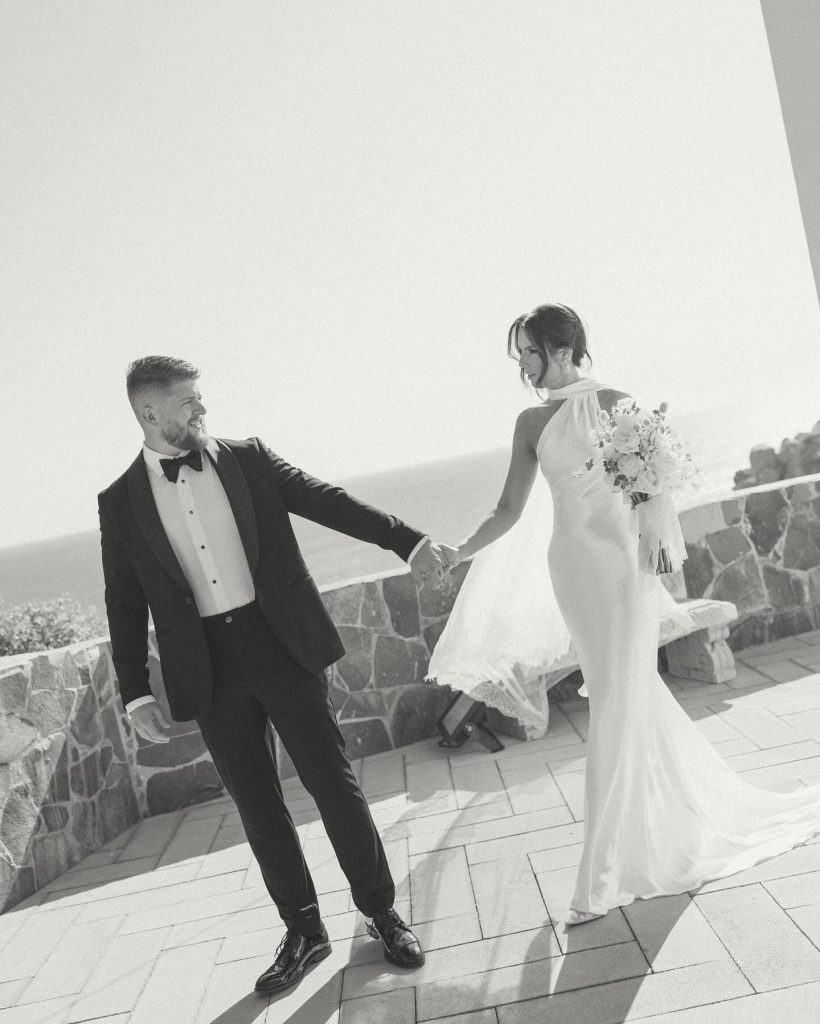 Real Bride Olivia wearing her custom Harriett Falvey Lace edged blusher veil to her wedding in Mexico