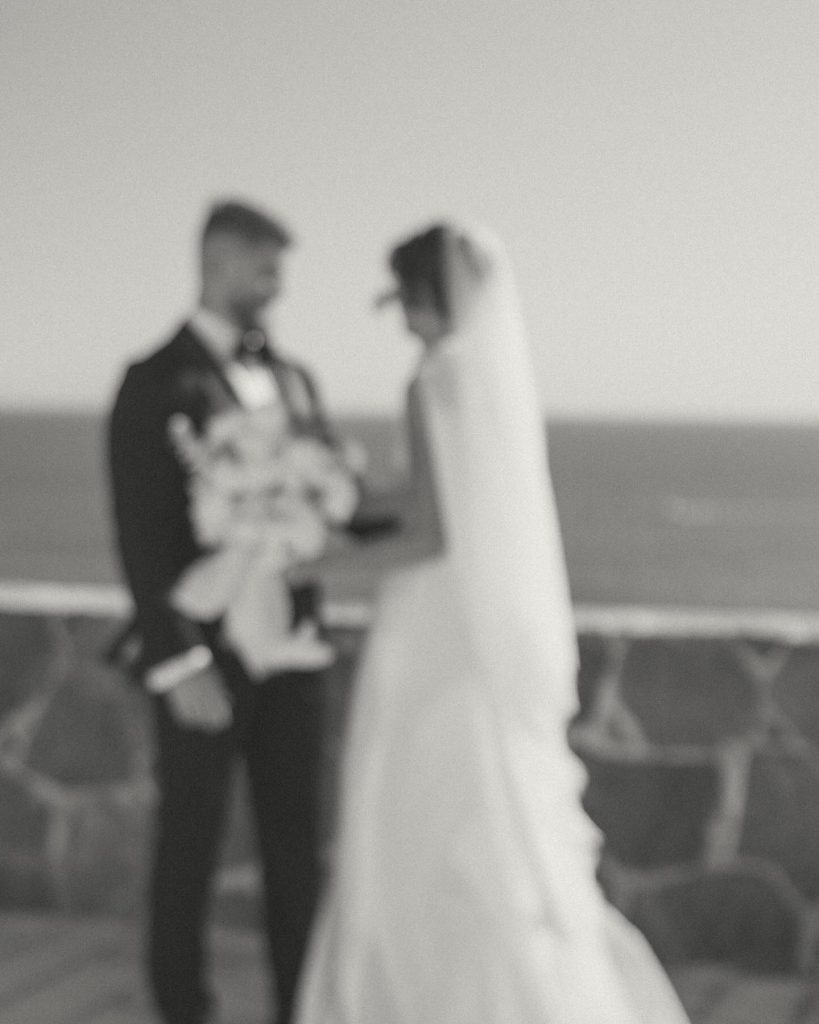 Real Bride Olivia wearing her custom Harriett Falvey Lace edged blusher veil to her wedding in Mexico