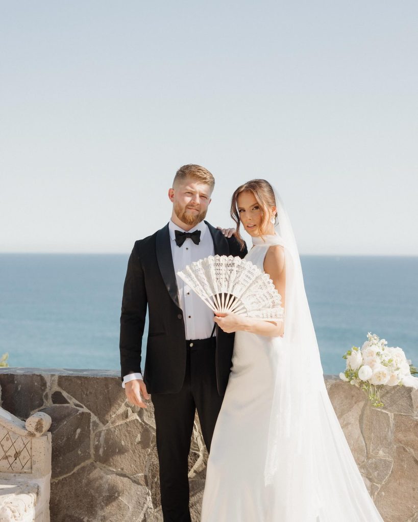 Real Bride Olivia wearing her custom Harriett Falvey Lace edged blusher veil to her wedding in Mexico