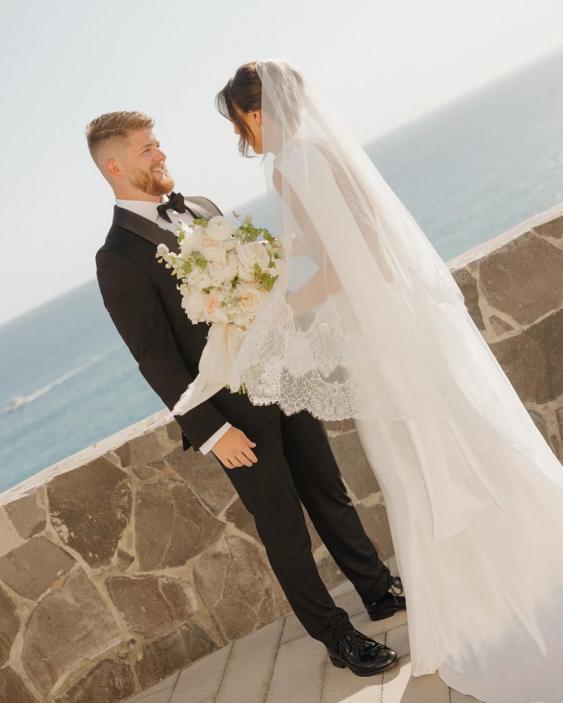 Real Bride Olivia wearing her custom Harriett Falvey Lace edged blusher veil to her wedding in Mexico