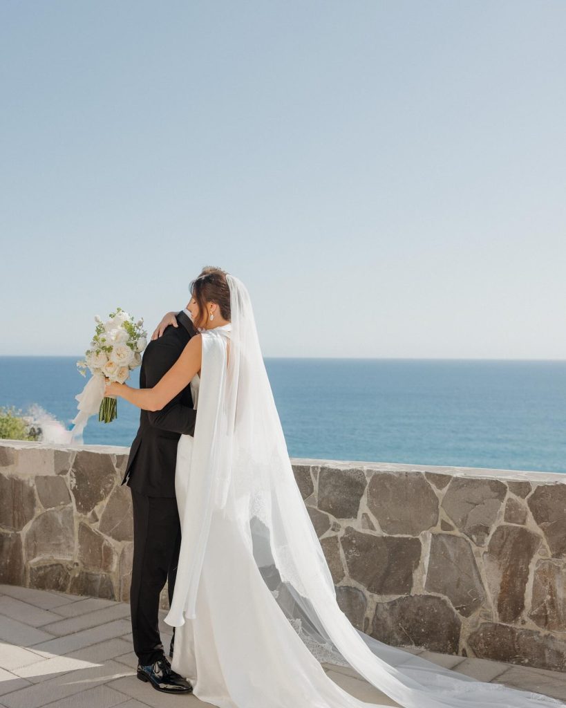 Real Bride Olivia wearing her custom Harriett Falvey Lace edged blusher veil to her wedding in Mexico