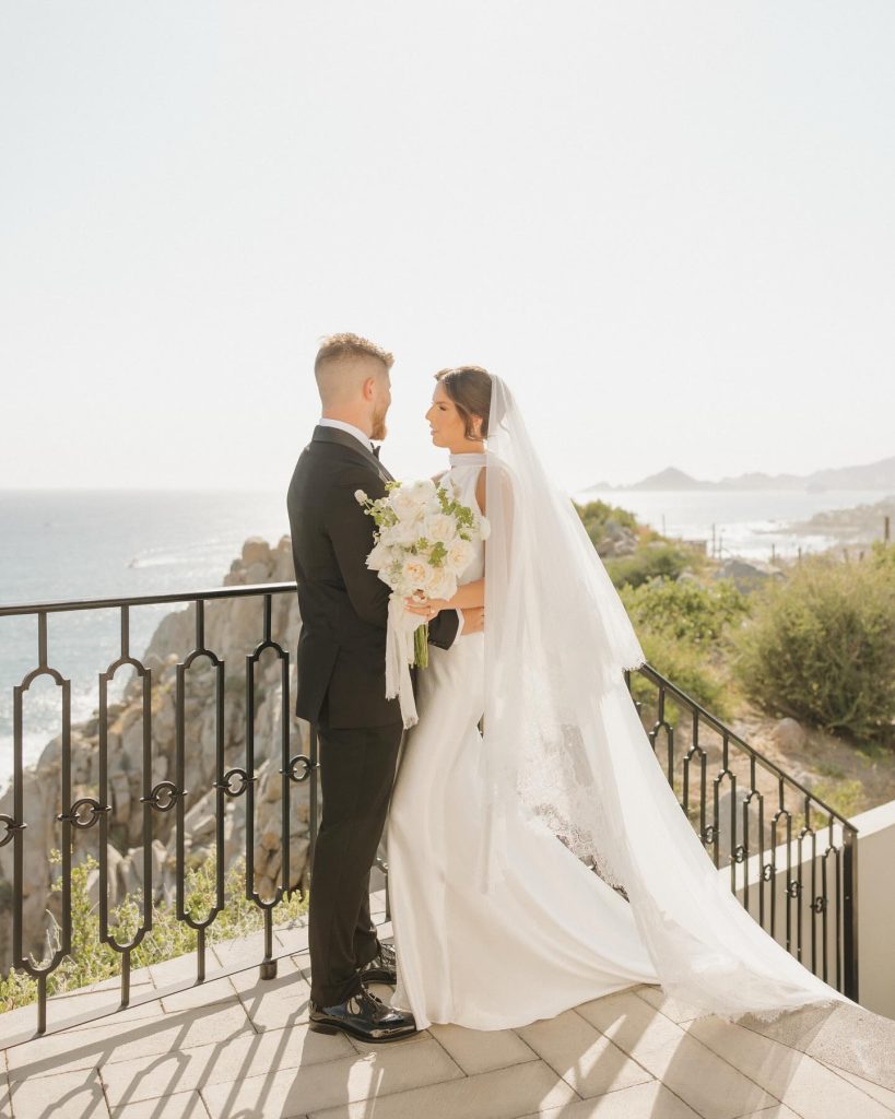 Real Bride Olivia wearing her custom Harriett Falvey Lace edged blusher veil to her wedding in Mexico