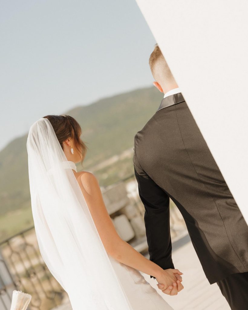 Real Bride Olivia wearing her custom Harriett Falvey Lace edged blusher veil to her wedding in Mexico