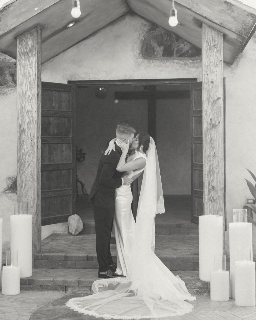 Real Bride Olivia wearing her custom Harriett Falvey Lace edged blusher veil to her wedding in Mexico