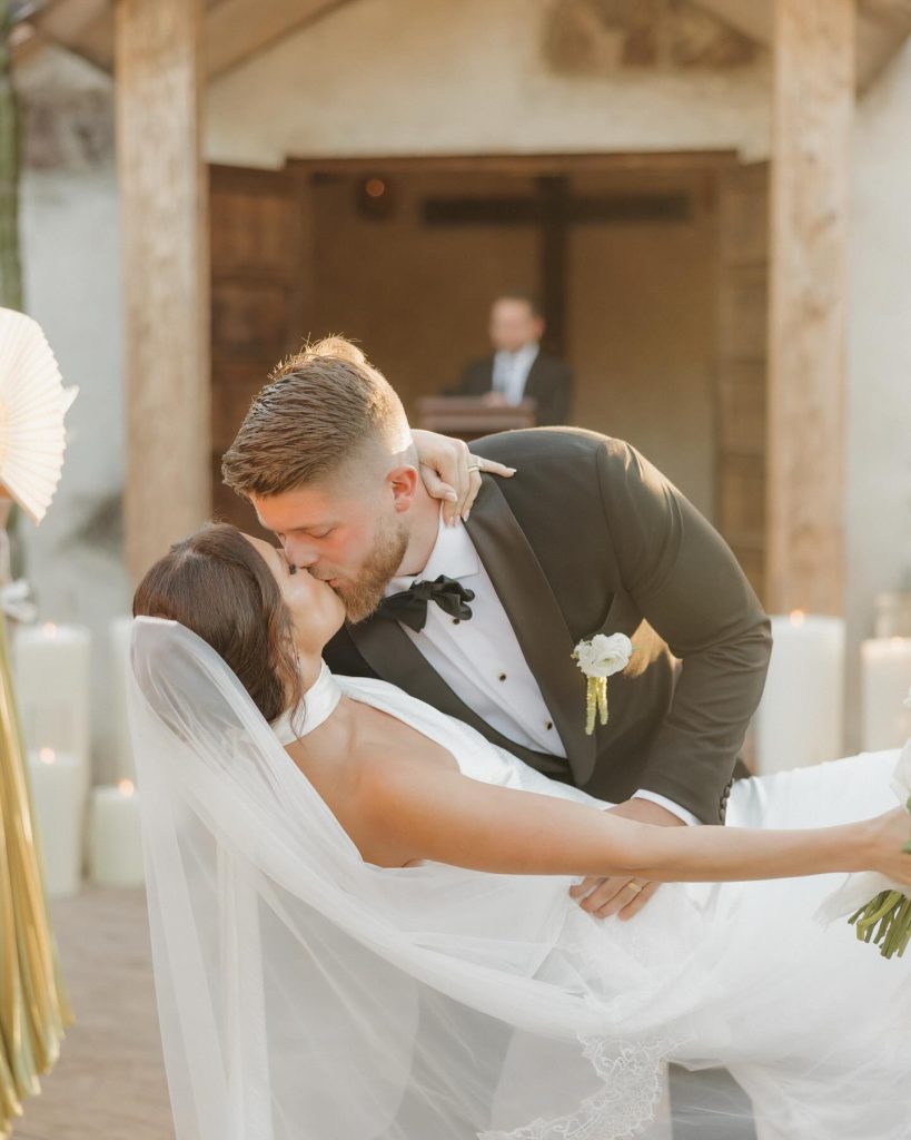 Real Bride Olivia wearing her custom Harriett Falvey Lace edged blusher veil to her wedding in Mexico