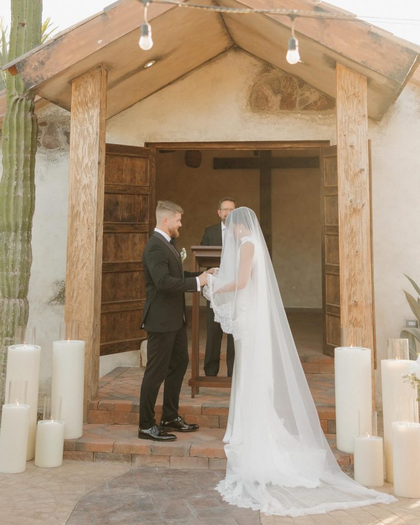 Real Bride Olivia wearing her custom Harriett Falvey Lace edged blusher veil to her wedding in Mexico