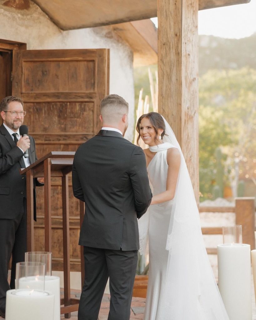 Real Bride Olivia wearing her custom Harriett Falvey Lace edged blusher veil to her wedding in Mexico