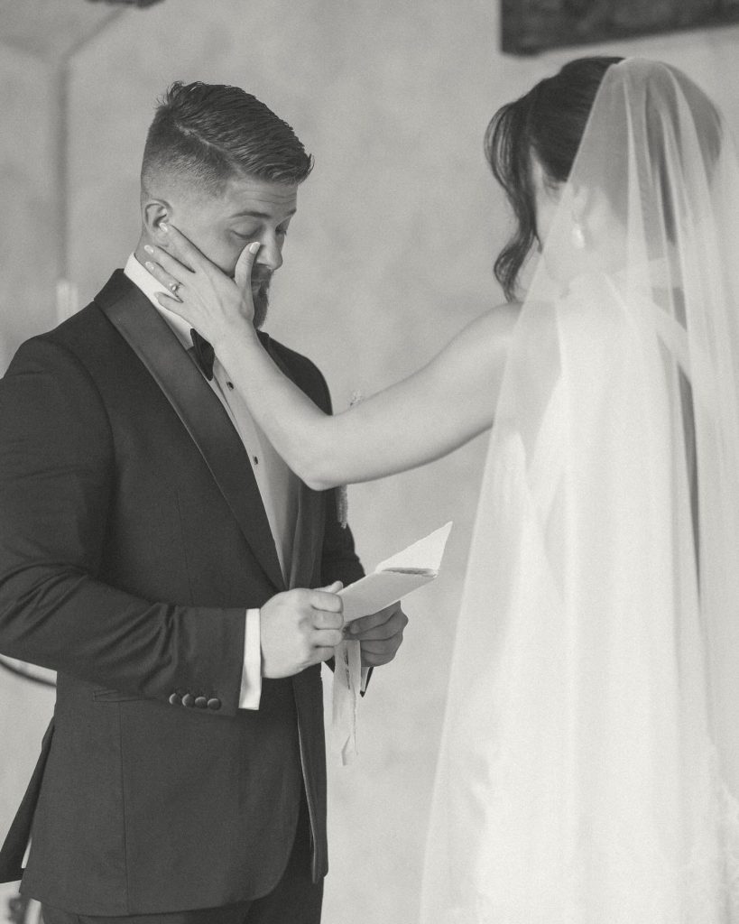 Real Bride Olivia wearing her custom Harriett Falvey Lace edged blusher veil to her wedding in Mexico