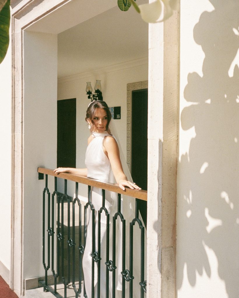 Real Bride Olivia wearing her custom Harriett Falvey Lace edged blusher veil to her wedding in Mexico