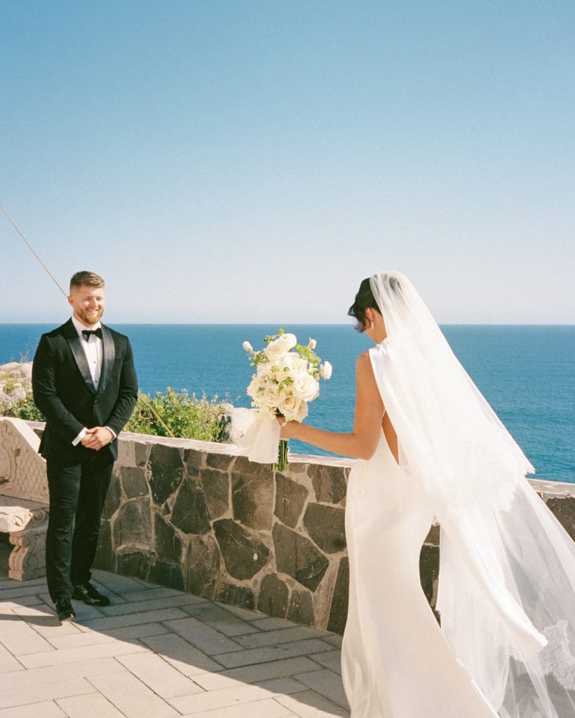 Real Bride Olivia wearing her custom Harriett Falvey Lace edged blusher veil to her wedding in Mexico