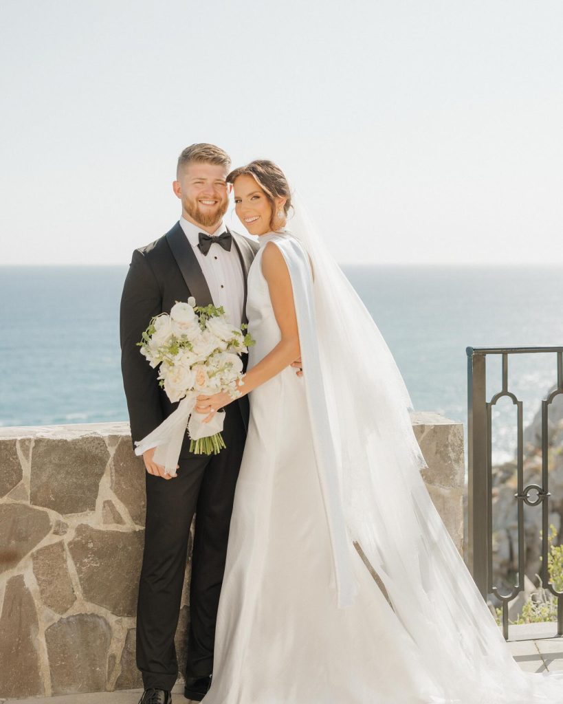 Real Bride Olivia wearing her custom Harriett Falvey Lace edged blusher veil to her wedding in Mexico