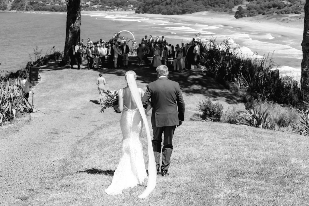 Real Bride Tammy wearing her Custom Harriett Falvey Wedding Dress and Veil Made in New Zealand