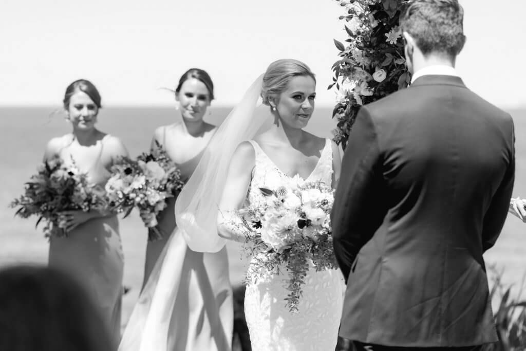 Real Bride Tammy wearing her Custom Harriett Falvey Wedding Dress and Veil Made in New Zealand