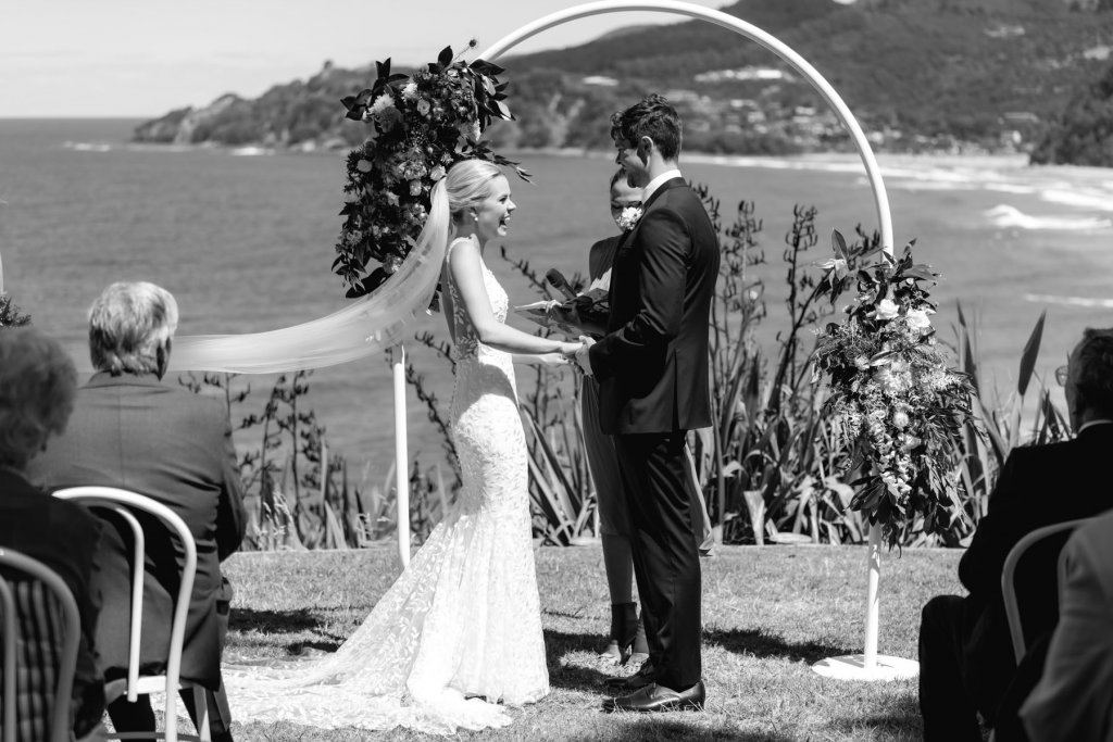 Real Bride Tammy wearing her Custom Harriett Falvey Wedding Dress and Veil Made in New Zealand