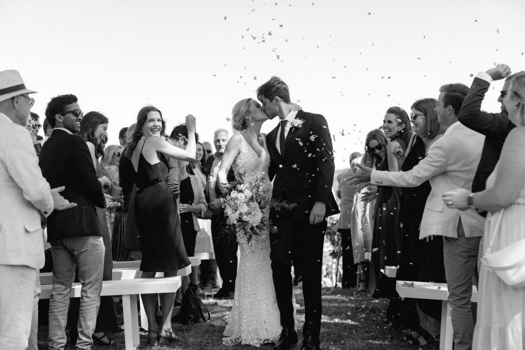 Real Bride Tammy wearing her Custom Harriett Falvey Wedding Dress and Veil Made in New Zealand