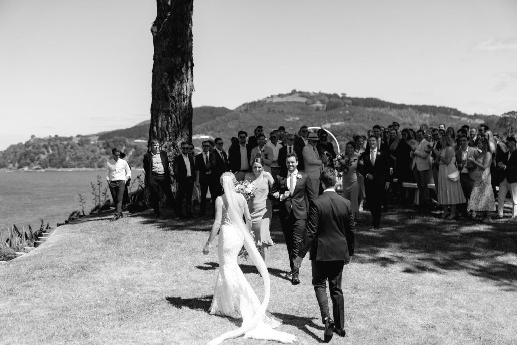 Real Bride Tammy wearing her Custom Harriett Falvey Wedding Dress and Veil Made in New Zealand