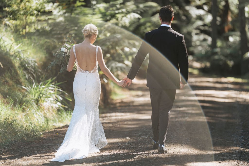 Real Bride Tammy wearing her Custom Harriett Falvey Wedding Dress and Veil Made in New Zealand