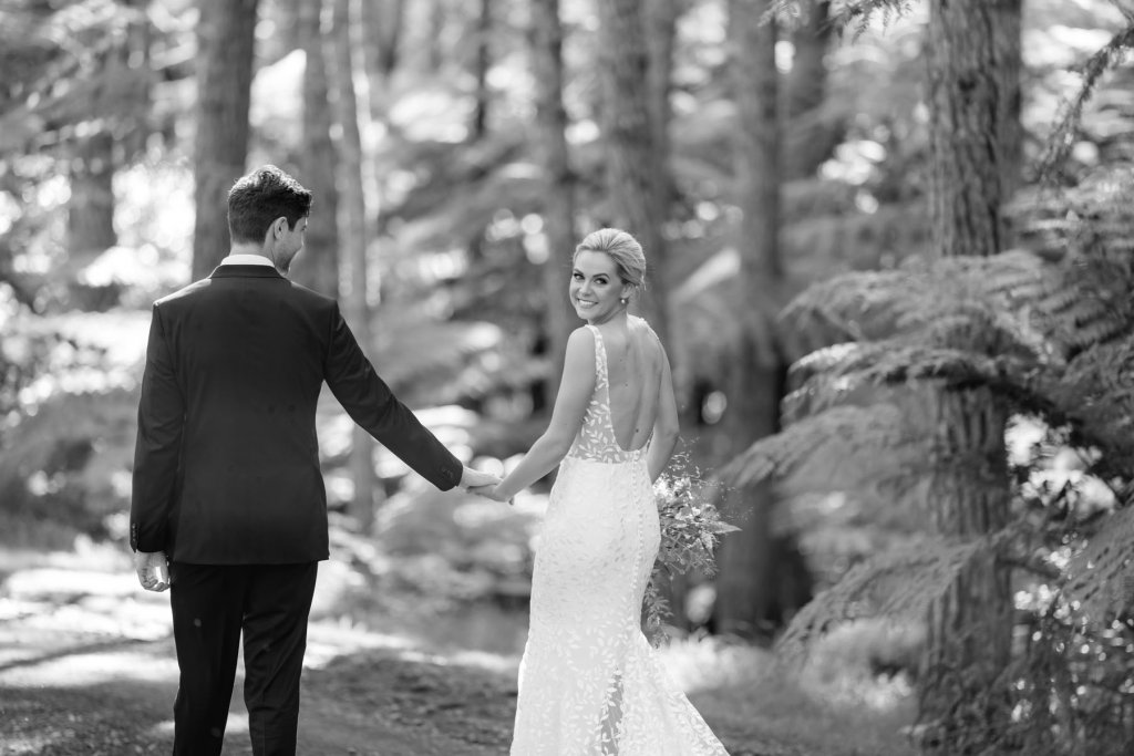 Real Bride Tammy wearing her Custom Harriett Falvey Wedding Dress and Veil Made in New Zealand