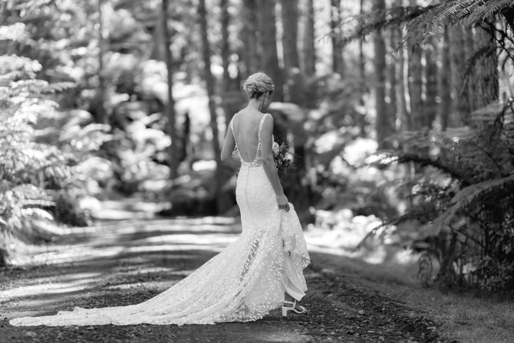 Real Bride Tammy wearing her Custom Harriett Falvey Wedding Dress and Veil Made in New Zealand